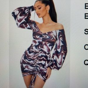 Brown Abstract Print Ribbed Bardot Balloon Sleeve Ruched Bodycon Dress